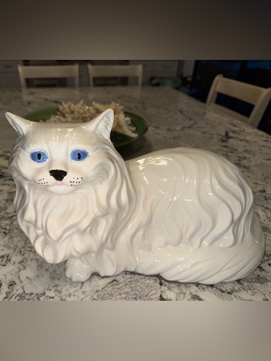 Other - Vintage Large Ceramic White Cat Laying Down Blue Eyes Figurine 16”